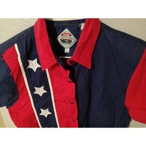 Cumberland Outfitters Womens Small Western Snap Shirt USA Stars Red White Blue